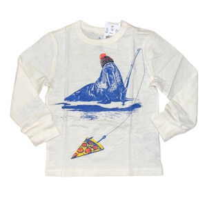 **NWT J. Crew Boys' Ivory W/Fishing Pizza Walrus Graphic Long Sleeve Tee -2